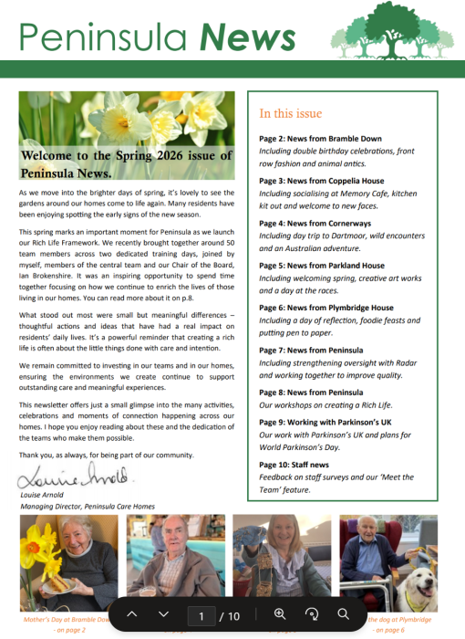 Page introducing Peninsula's spring newsletter with events across our care homes