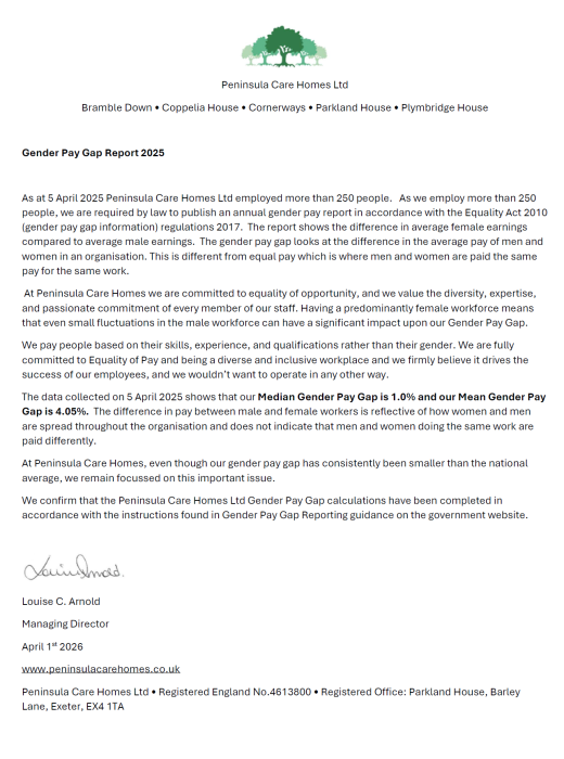 Letter detailing the companies Gender Pay Gap information 
