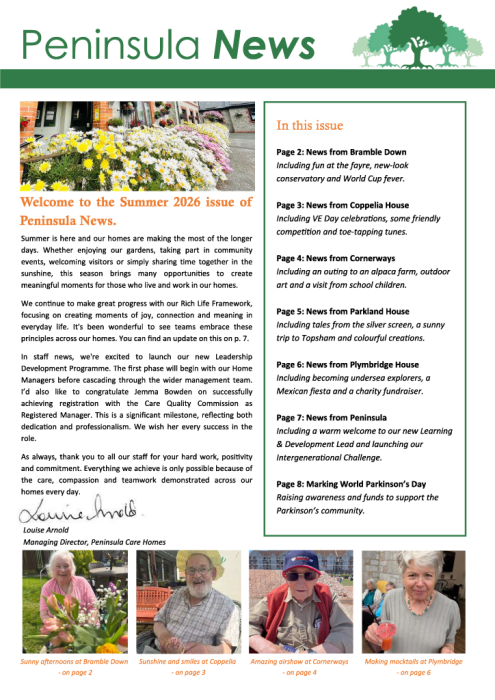 Peninsula Care Homes Summer 2026 Newsletter